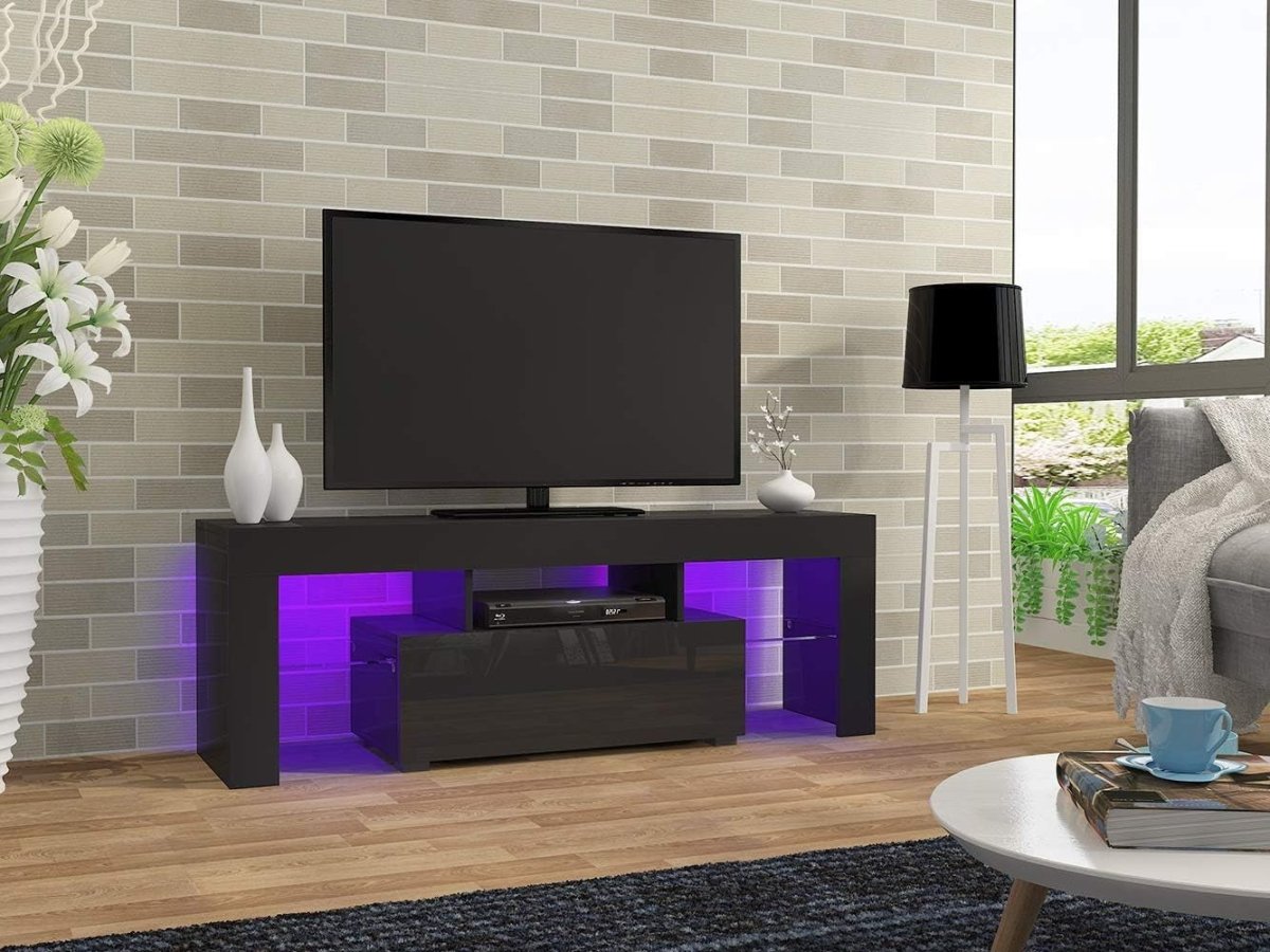 130cm LED TV Stand Unit RGB Lights Glass Storage Black Media Console - Kwikley
