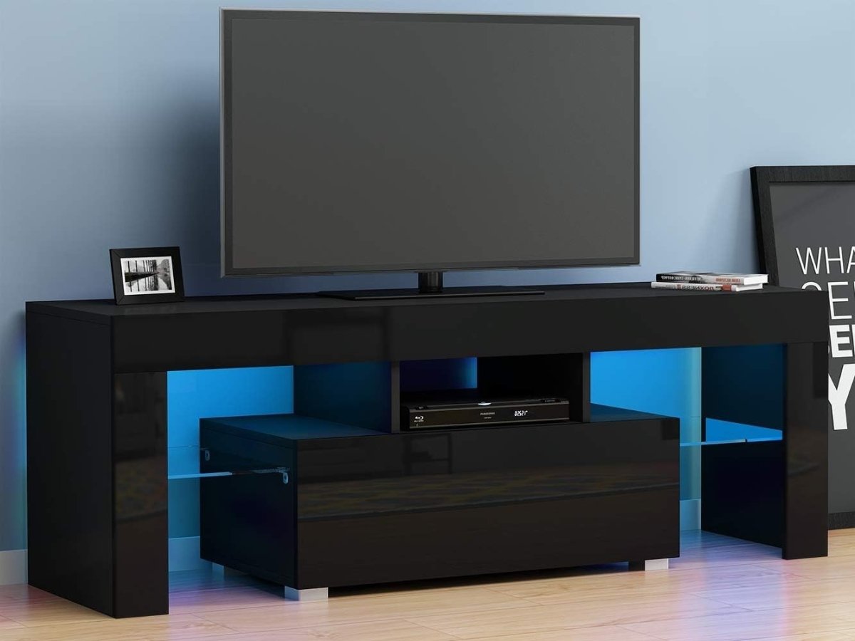 130cm LED TV Stand Unit RGB Lights Glass Storage Black Media Console - Kwikley