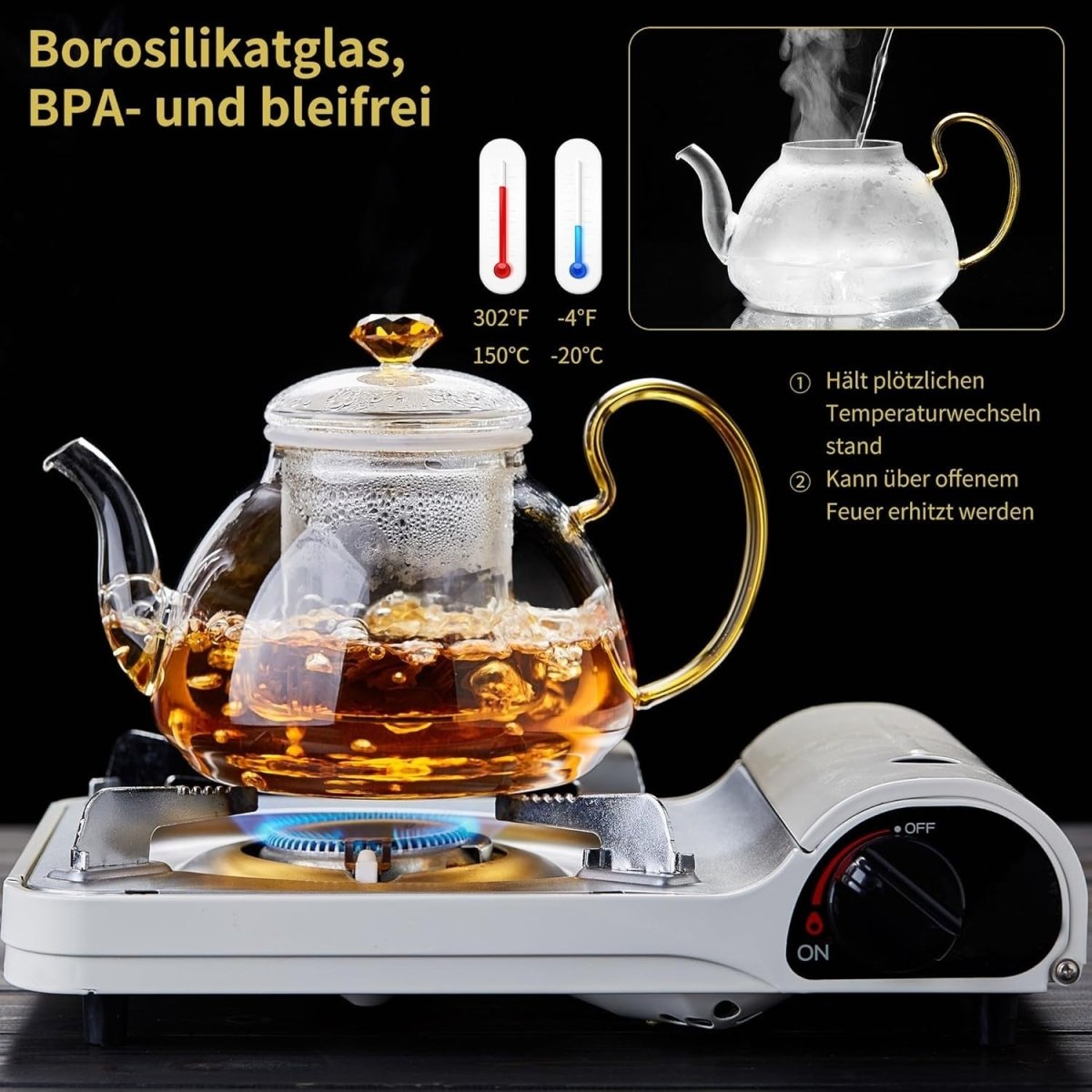 1350ml Glass Teapot with Removable Infuser Stovetop Safe Tea Pot - Kwikley