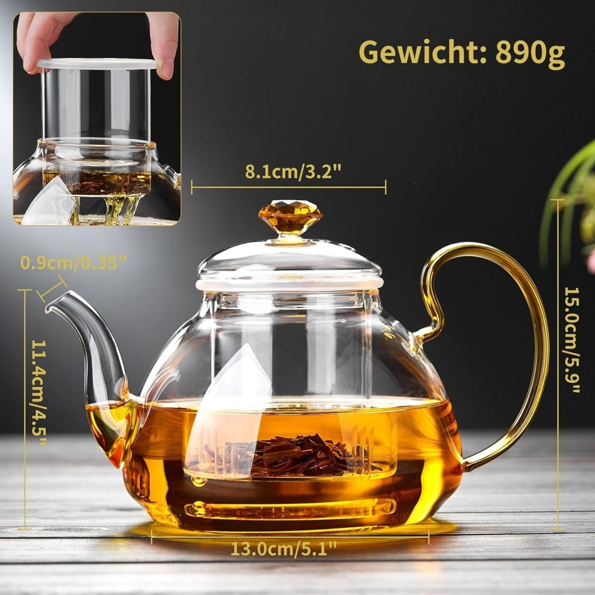 1350ml Glass Teapot with Removable Infuser Stovetop Safe Tea Pot - Kwikley