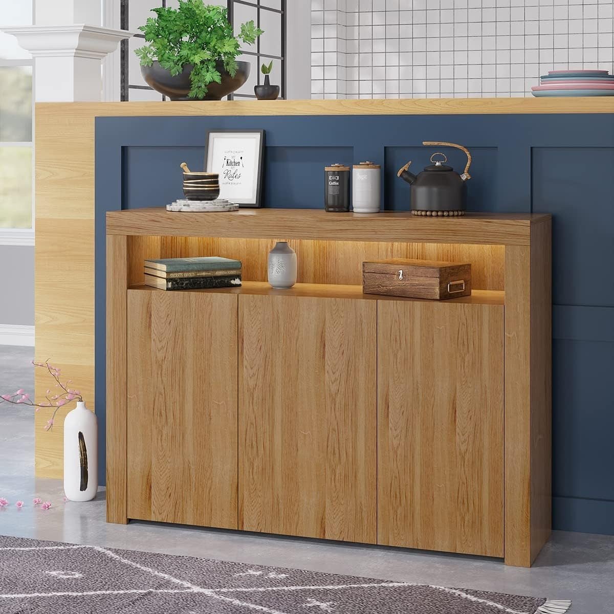 135cm Oak LED Sideboard TV Unit Cabinet | Storage Drawers Cupboard - Kwikley
