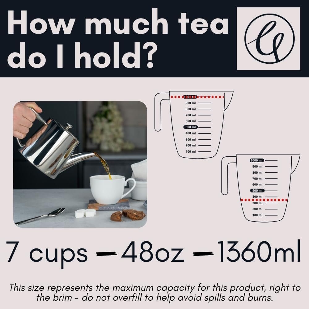 1360ml Stainless Steel Teapot 7 Cup Mirror Finish Non Drip Tea Pot - Kwikley