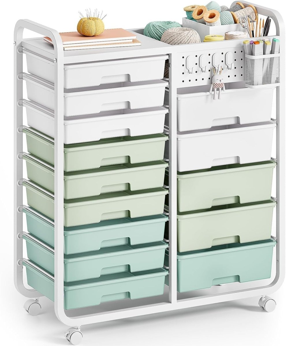 14 Drawer Craft Storage Trolley Cart Pegboard Organizer with Wheels - Kwikley
