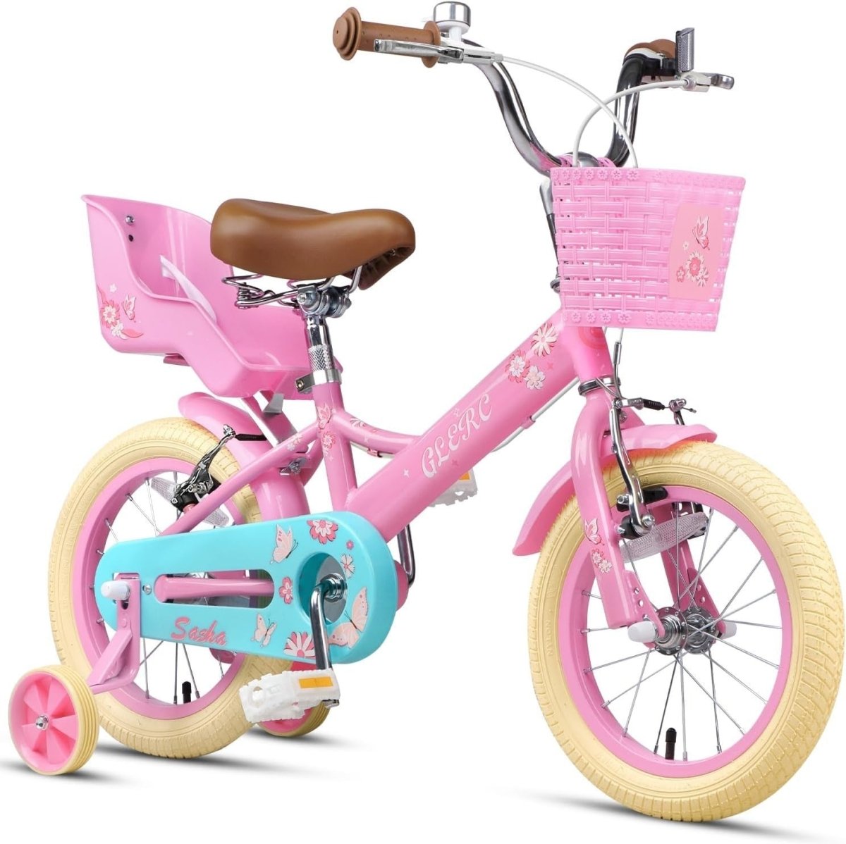 14 Inch Girls Kids Bike with Stabilisers Basket Doll Seat Pink Age 3-5 - Kwikley