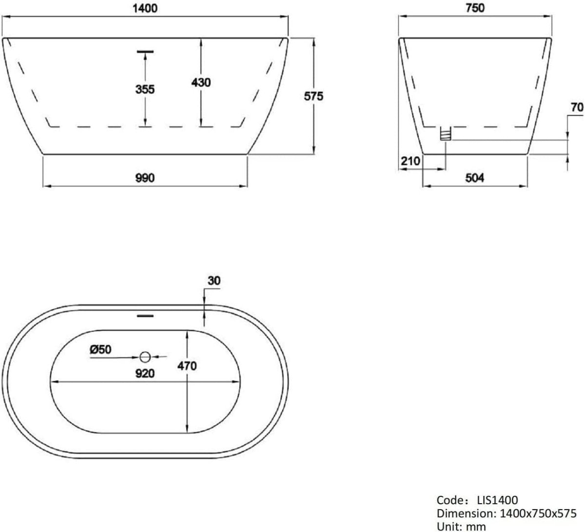 1400x745mm Freestanding Double Ended Bath White Acrylic Oval - Kwikley