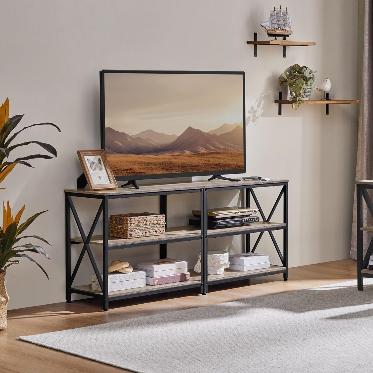 140cm Grey TV Stand for 65" TVs Storage Shelves Metal Industrial Unit - Kwikley