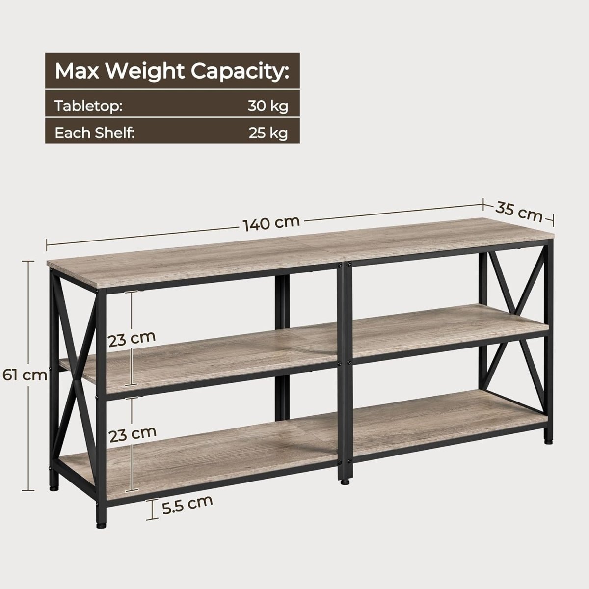 140cm Grey TV Stand for 65" TVs Storage Shelves Metal Industrial Unit - Kwikley
