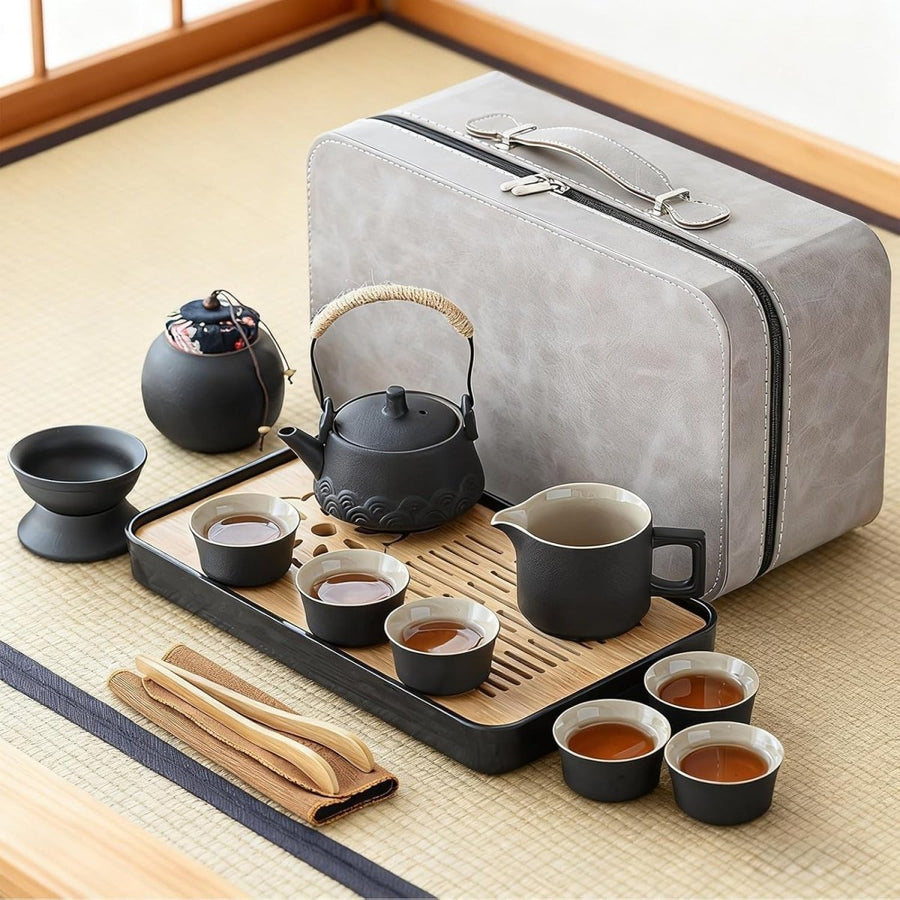 14Pc Gongfu Tea Set Ceramic Teapot Cups Tray Strainer Travel Case - Kwikley