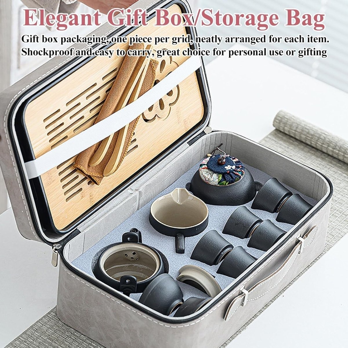 14Pc Gongfu Tea Set Ceramic Teapot Cups Tray Strainer Travel Case - Kwikley