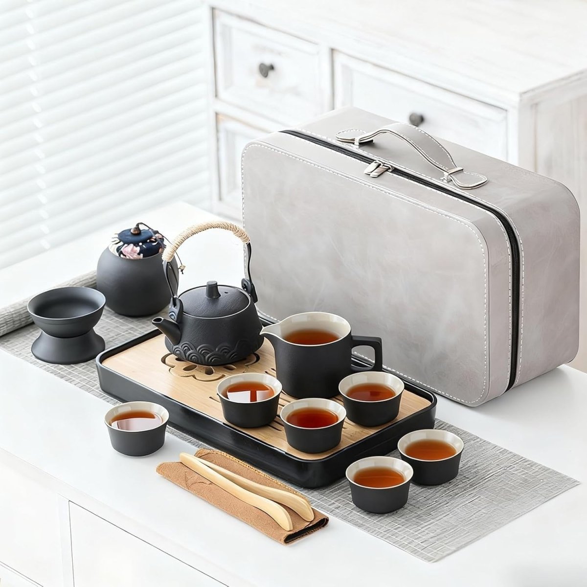 14Pc Gongfu Tea Set Ceramic Teapot Cups Tray Strainer Travel Case - Kwikley