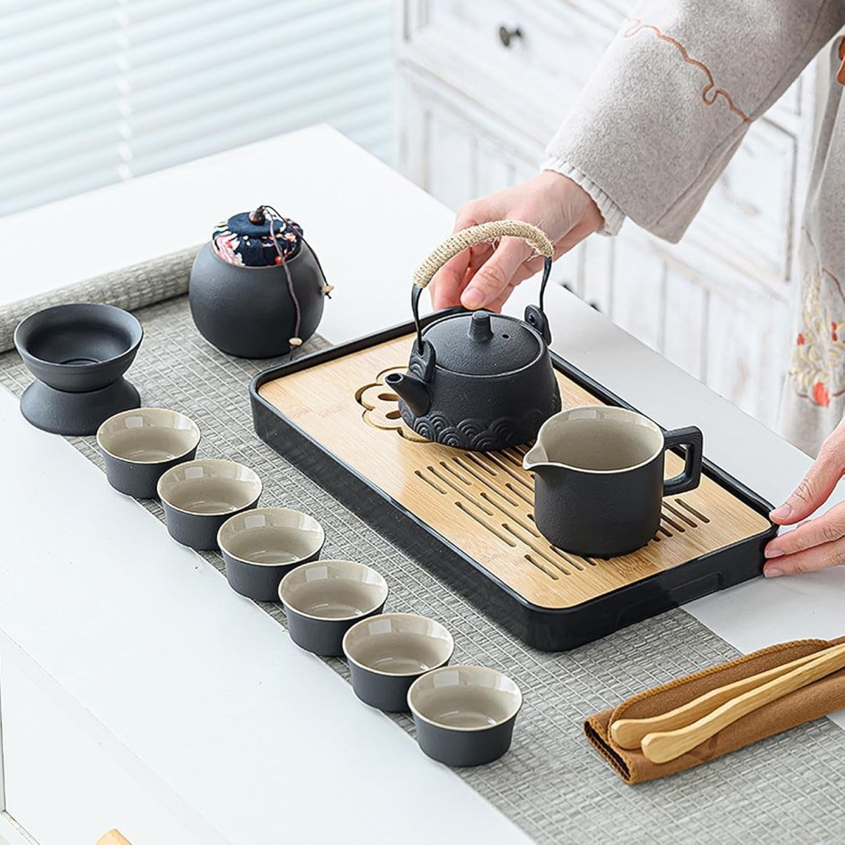 14Pc Gongfu Tea Set Ceramic Teapot Cups Tray Strainer Travel Case - Kwikley