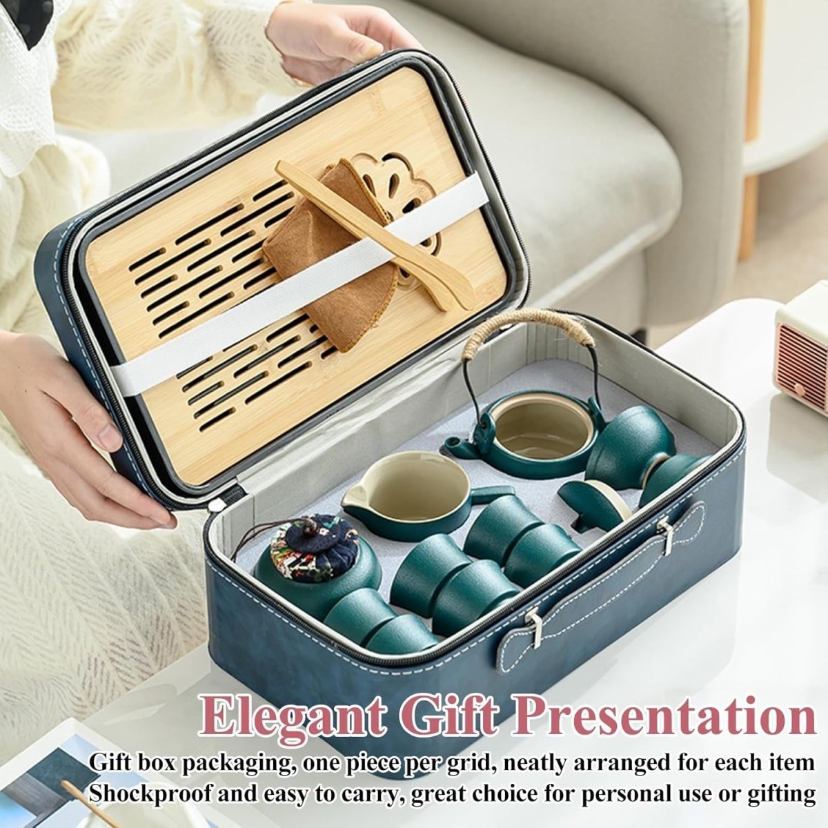 14Pc Gongfu Tea Set Green Ceramic Teapot Cups Tray Strainer Case - Kwikley