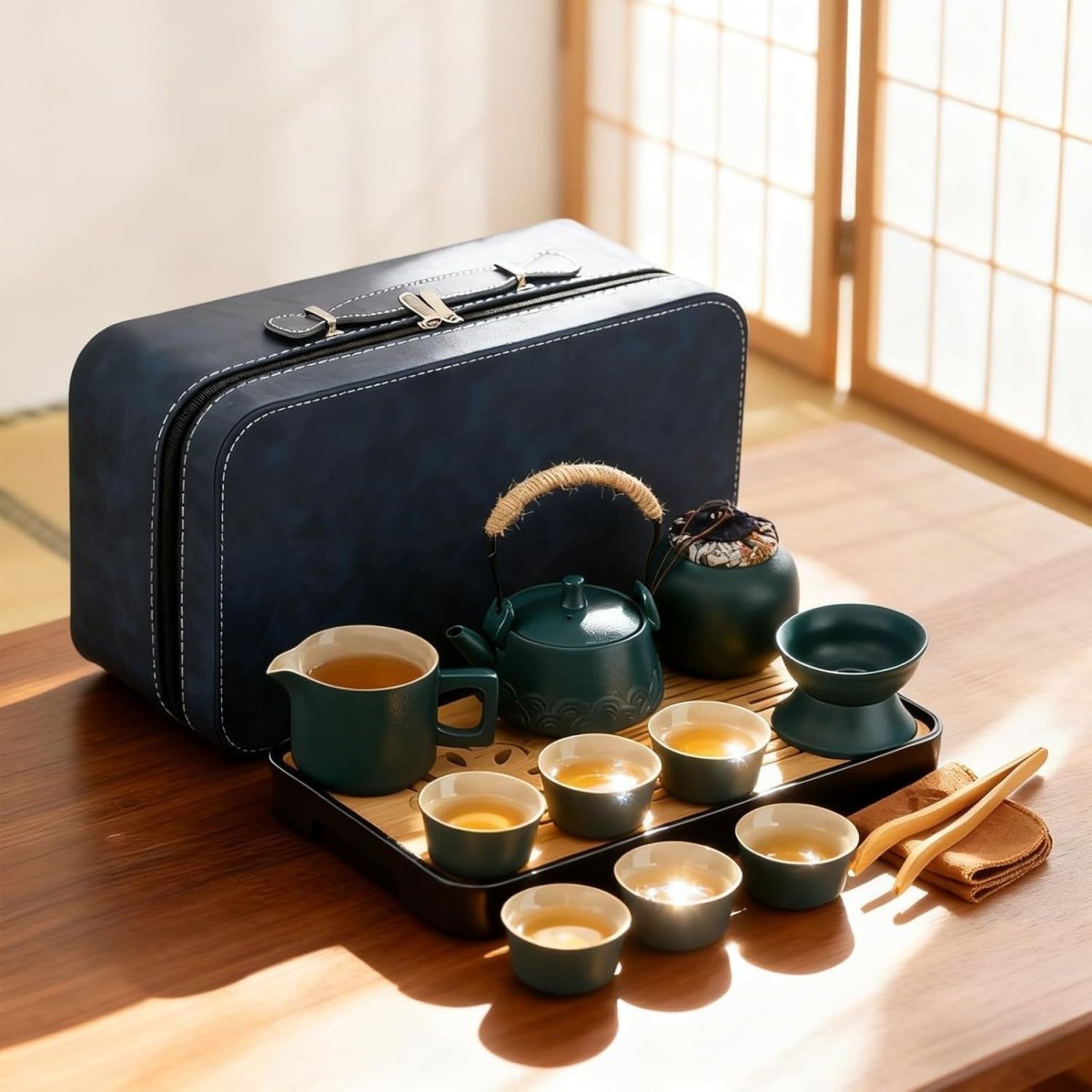 14Pc Gongfu Tea Set Green Ceramic Teapot Cups Tray Strainer Case - Kwikley