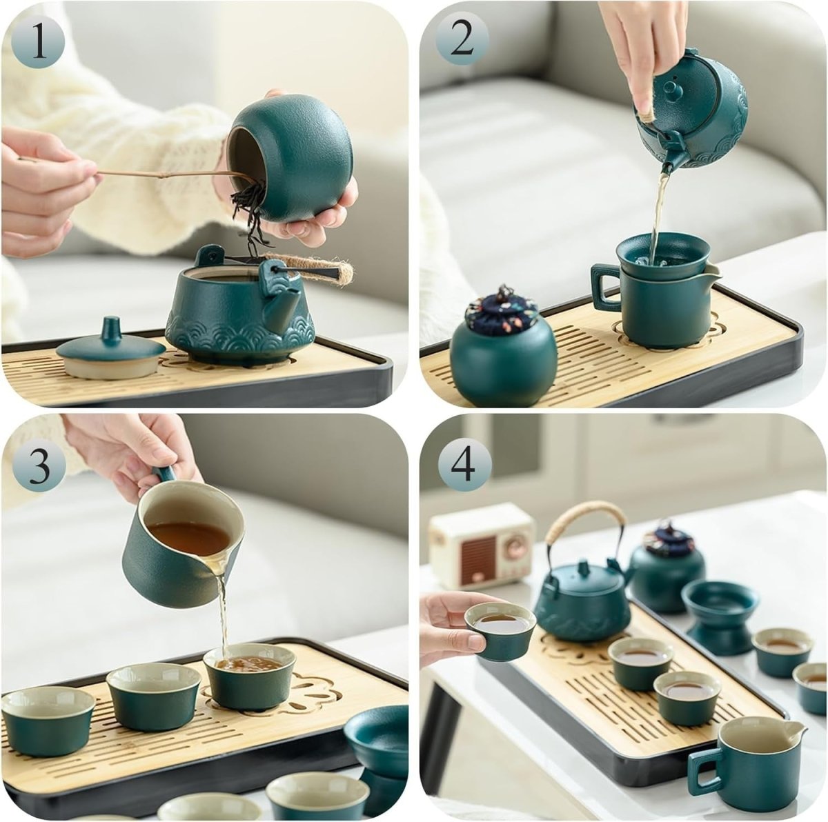 14Pc Gongfu Tea Set Green Ceramic Teapot Cups Tray Strainer Case - Kwikley
