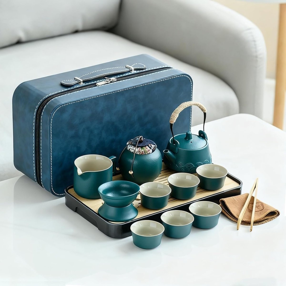 14Pc Gongfu Tea Set Green Ceramic Teapot Cups Tray Strainer Case - Kwikley