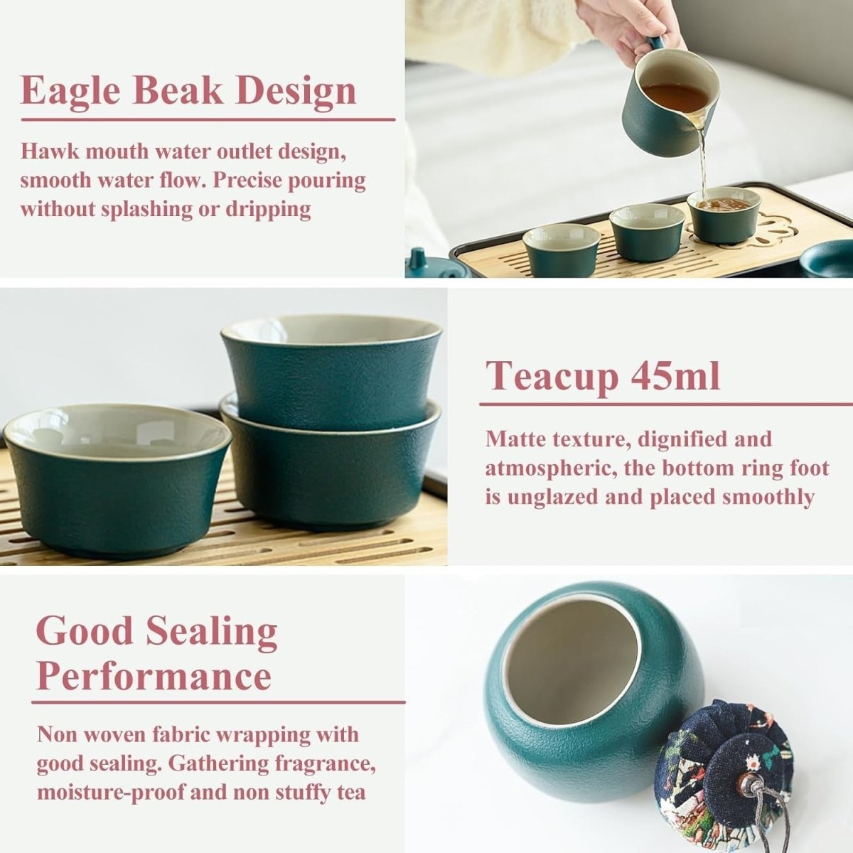 14Pc Gongfu Tea Set Green Ceramic Teapot Cups Tray Strainer Case - Kwikley