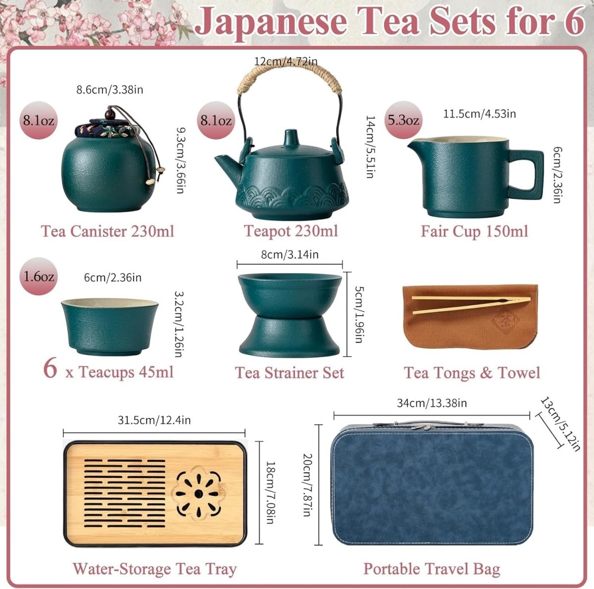 14Pc Gongfu Tea Set Green Ceramic Teapot Cups Tray Strainer Case - Kwikley