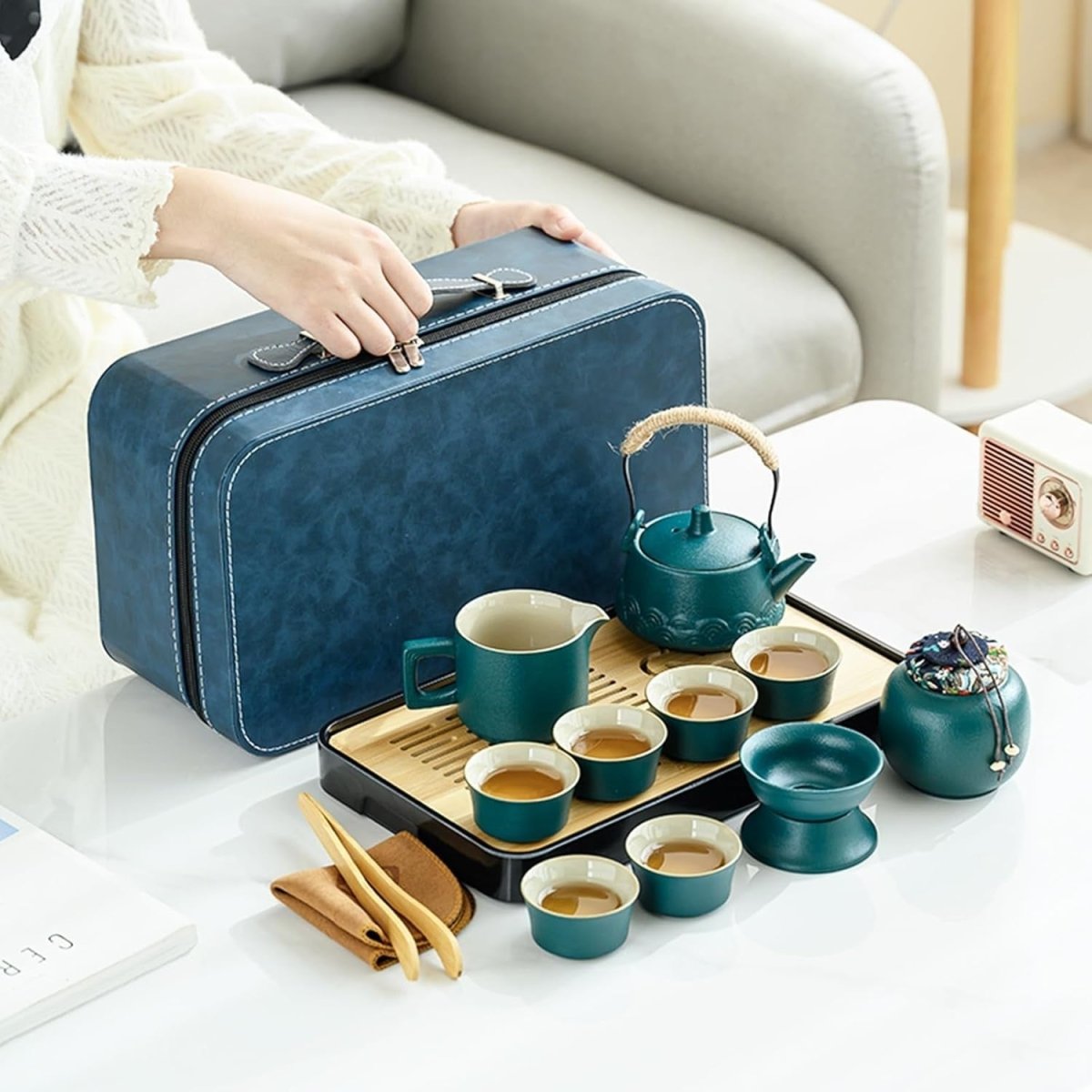 14Pc Gongfu Tea Set Green Ceramic Teapot Cups Tray Strainer Case - Kwikley