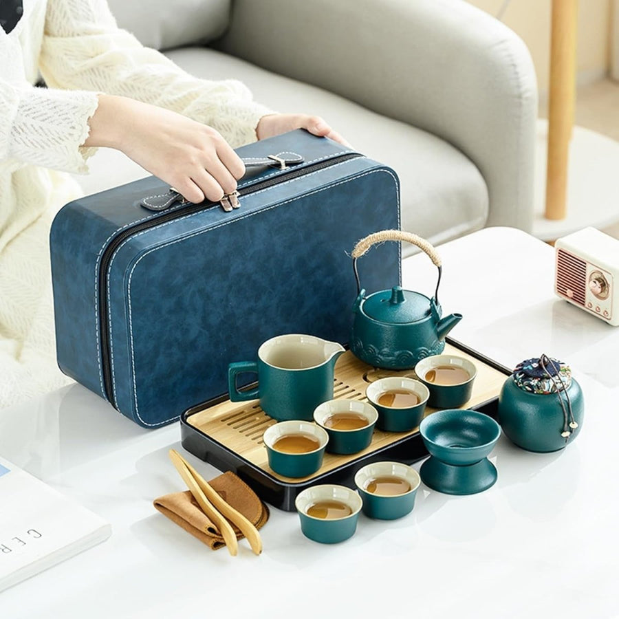 14Pc Gongfu Tea Set Green Ceramic Teapot Cups Tray Strainer Case - Kwikley