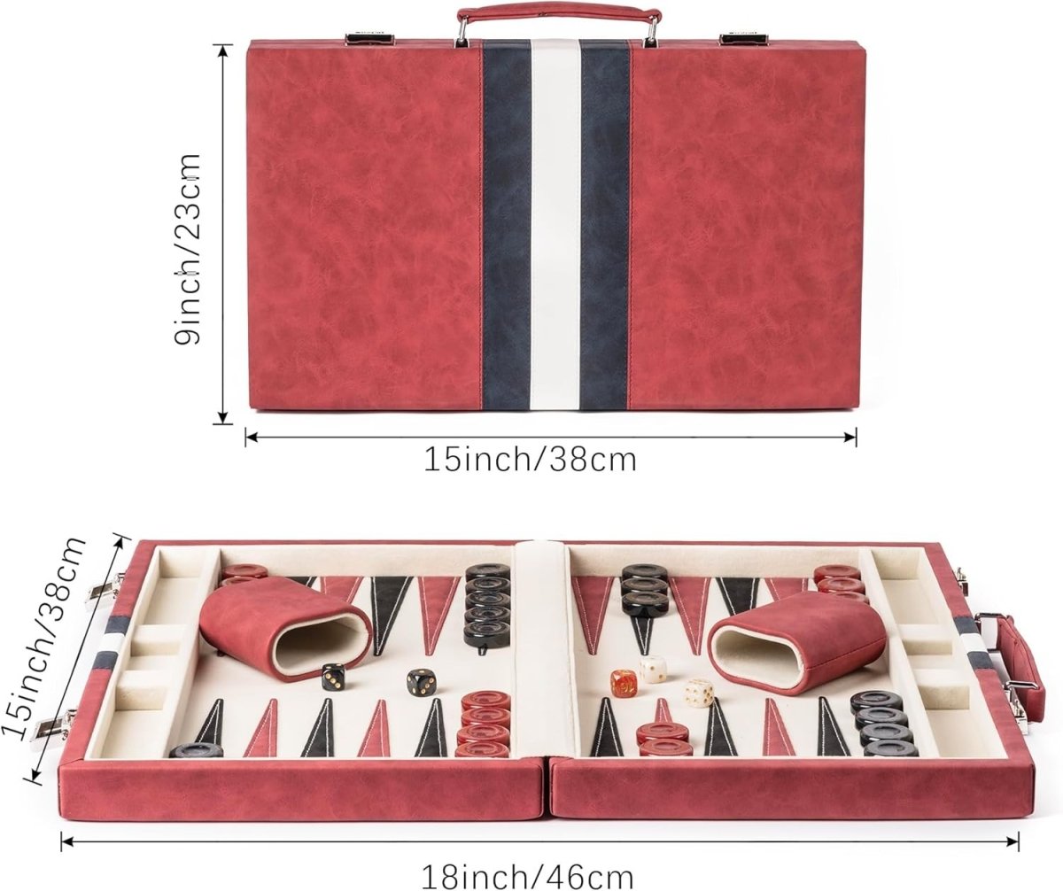 15” Backgammon Set Folding Leather Case Travel Board Luxury Strategy - Kwikley