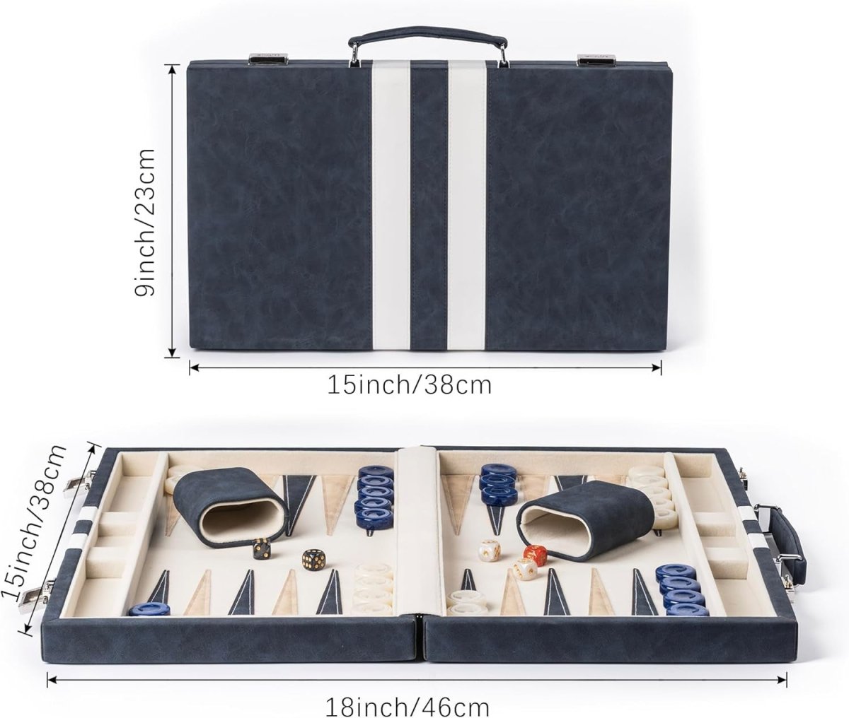 15” Backgammon Set Folding Leather Case Travel Board Luxury Strategy Game - Kwikley