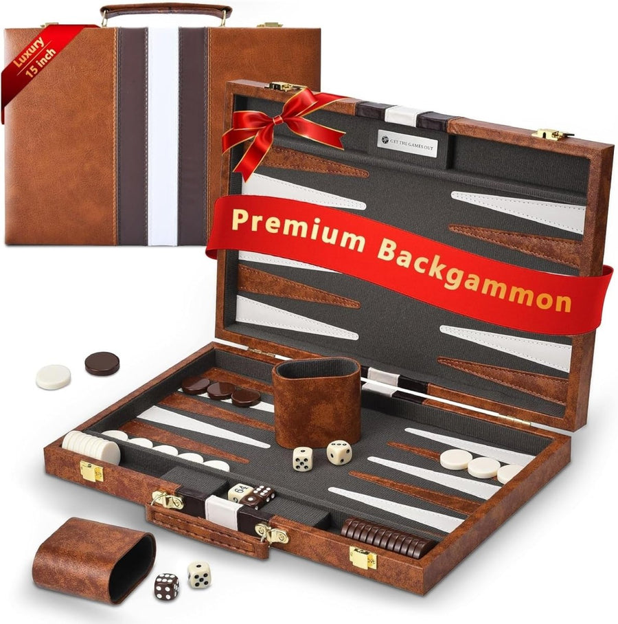 15 Inch Backgammon Set Leather Case Portable Board Game Wooden Dice Cups - Kwikley