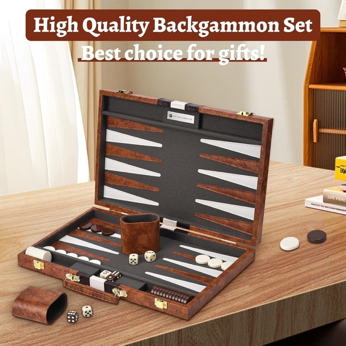 15 Inch Backgammon Set Leather Case Portable Board Game Wooden Dice Cups - Kwikley