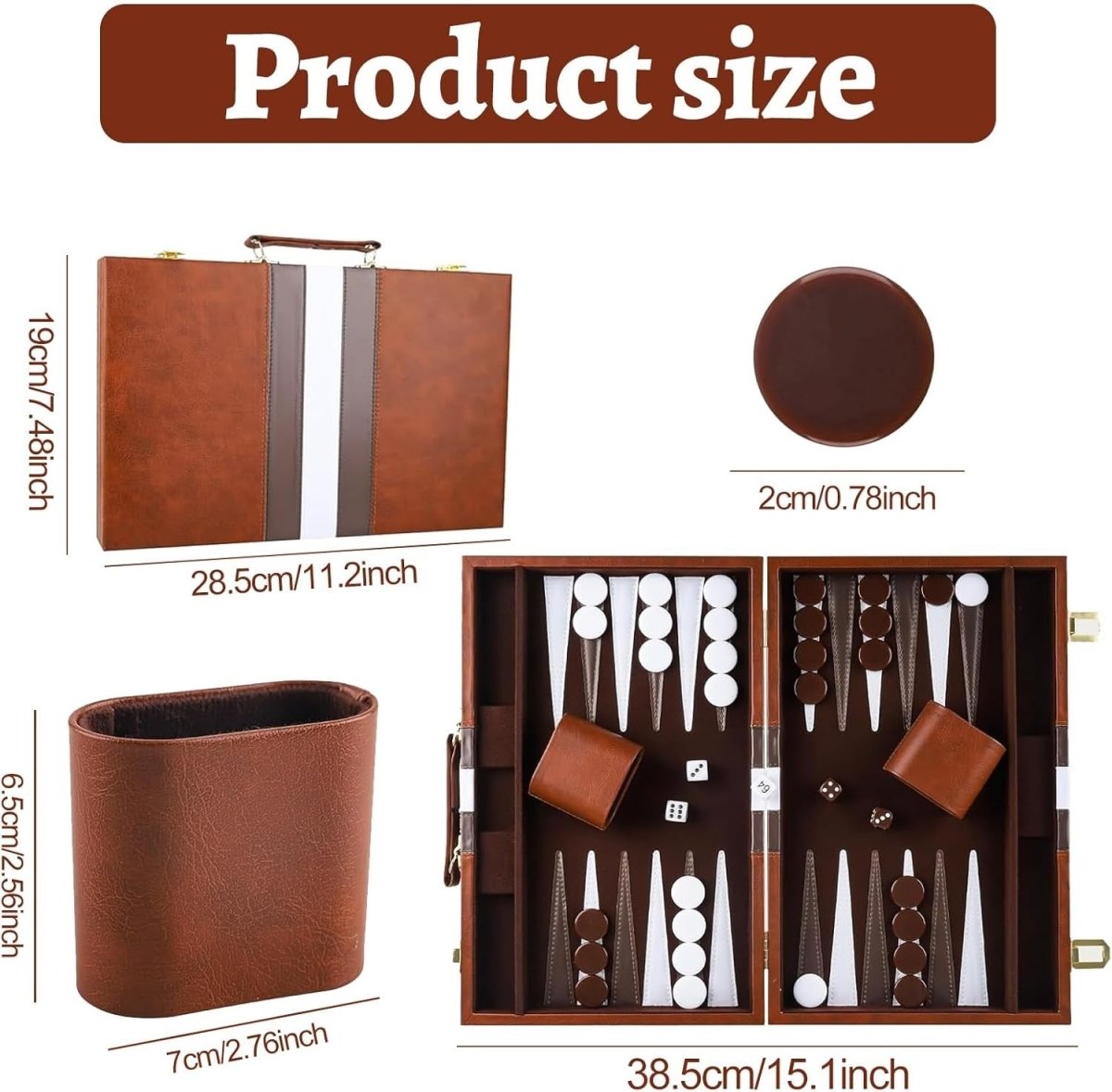 15 Inch Backgammon Set Leather Case Portable Board Game Wooden Dice Cups - Kwikley