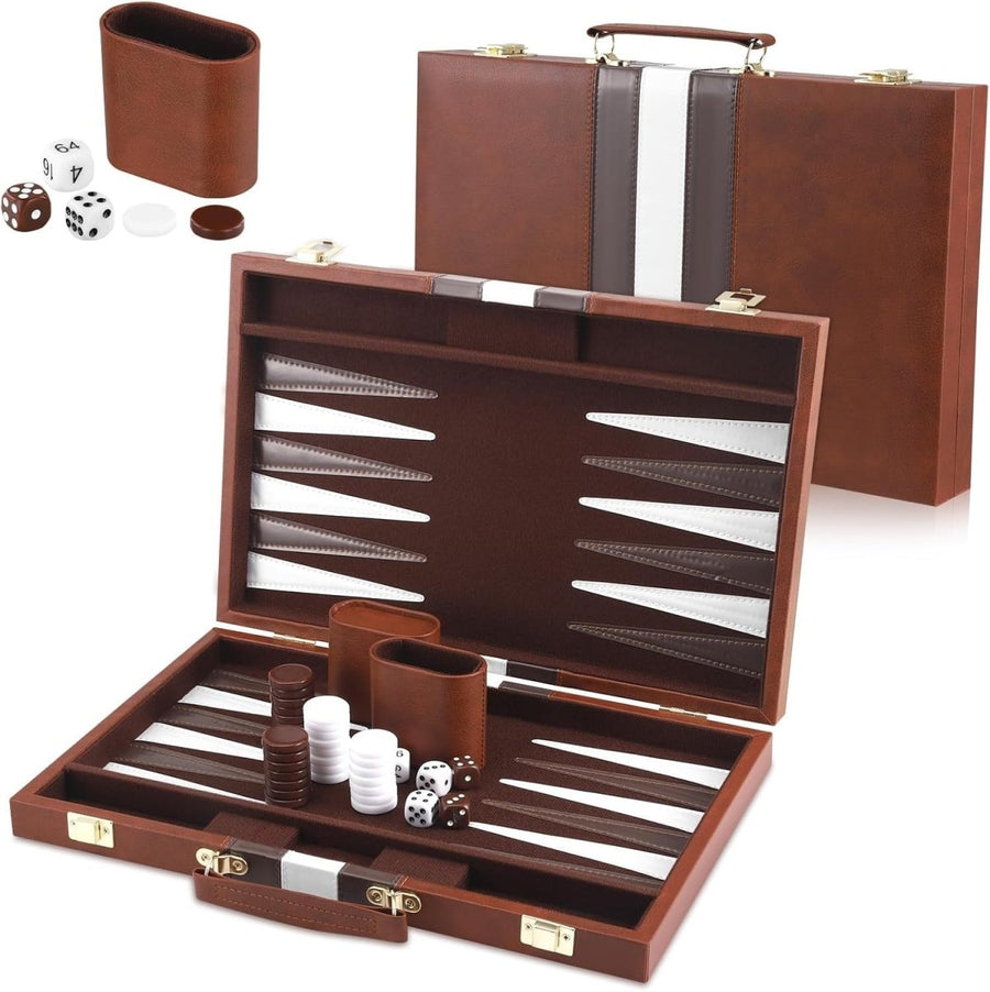 15 Inch Backgammon Set Leather Case Portable Travel Board Dice Cups - Kwikley