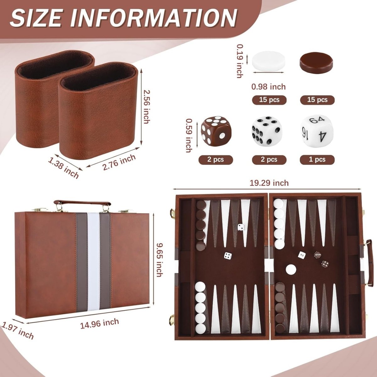 15 Inch Backgammon Set Leather Case Portable Travel Board Dice Cups - Kwikley