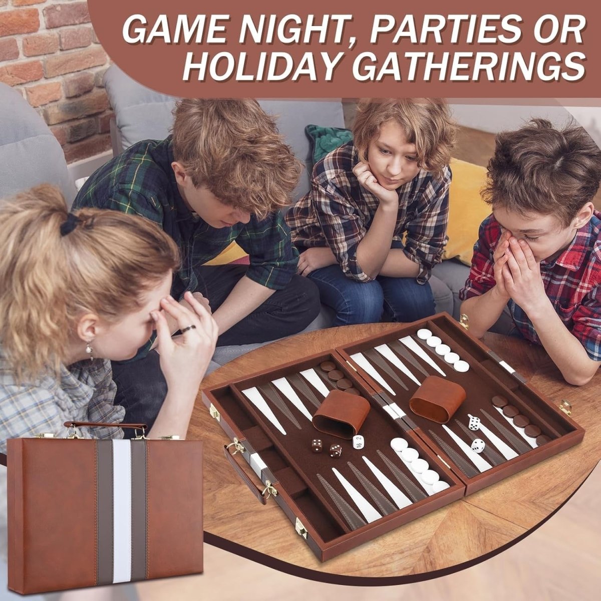 15 Inch Backgammon Set Leather Case Portable Travel Board Dice Cups - Kwikley