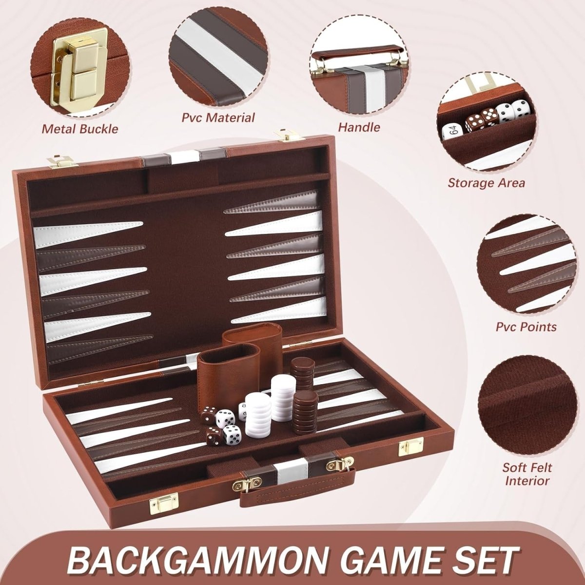 15 Inch Backgammon Set Leather Case Portable Travel Board Dice Cups - Kwikley