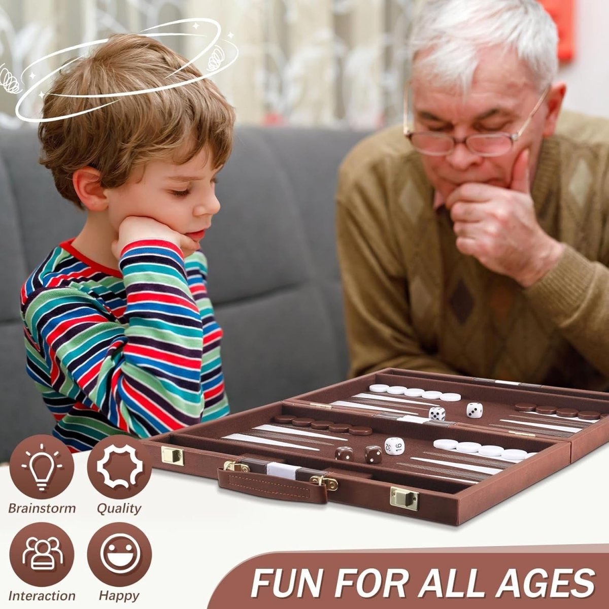 15 Inch Backgammon Set Leather Case Portable Travel Board Dice Cups - Kwikley