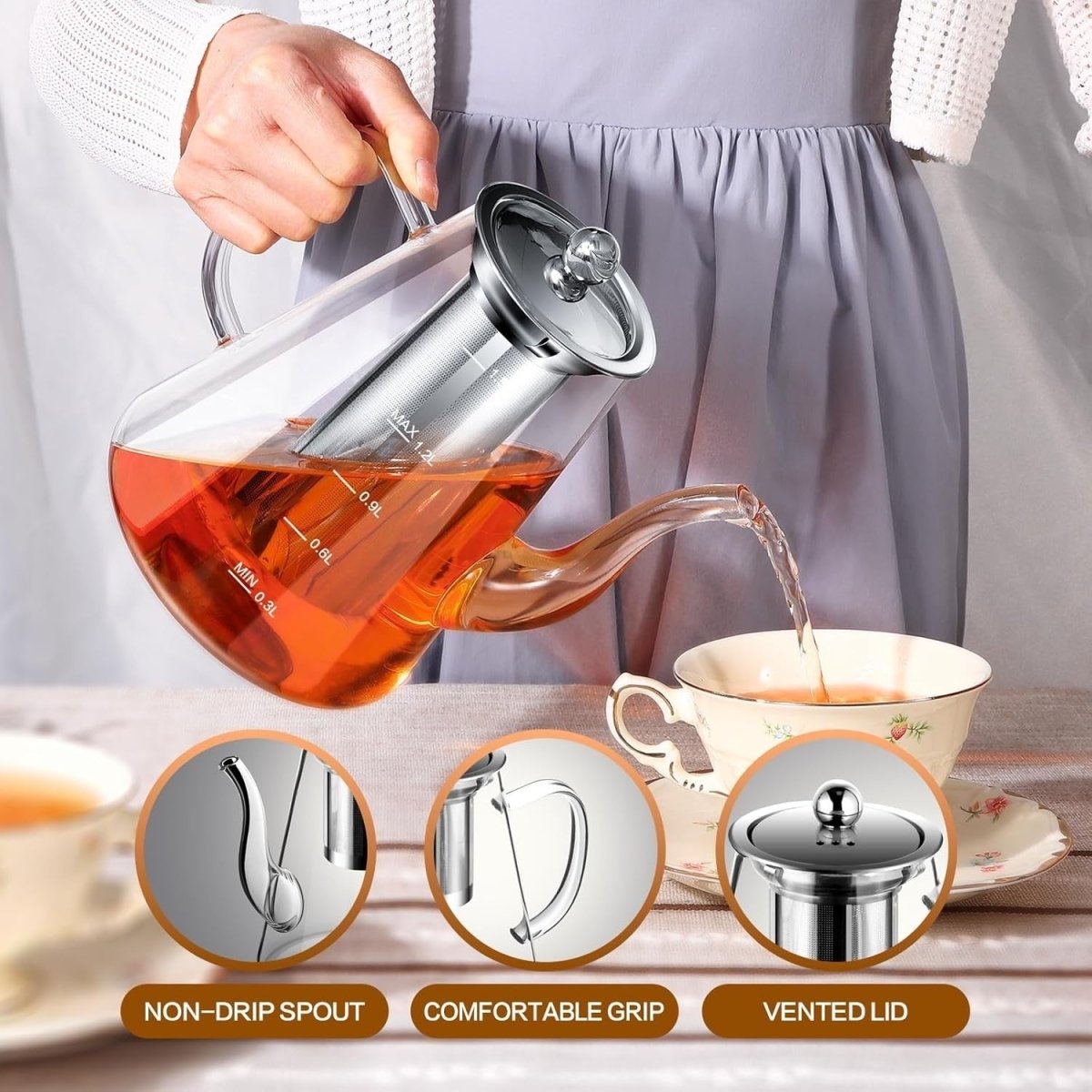 1500ml Glass Teapot with Infuser Stovetop Safe Loose Leaf Tea Maker - Kwikley