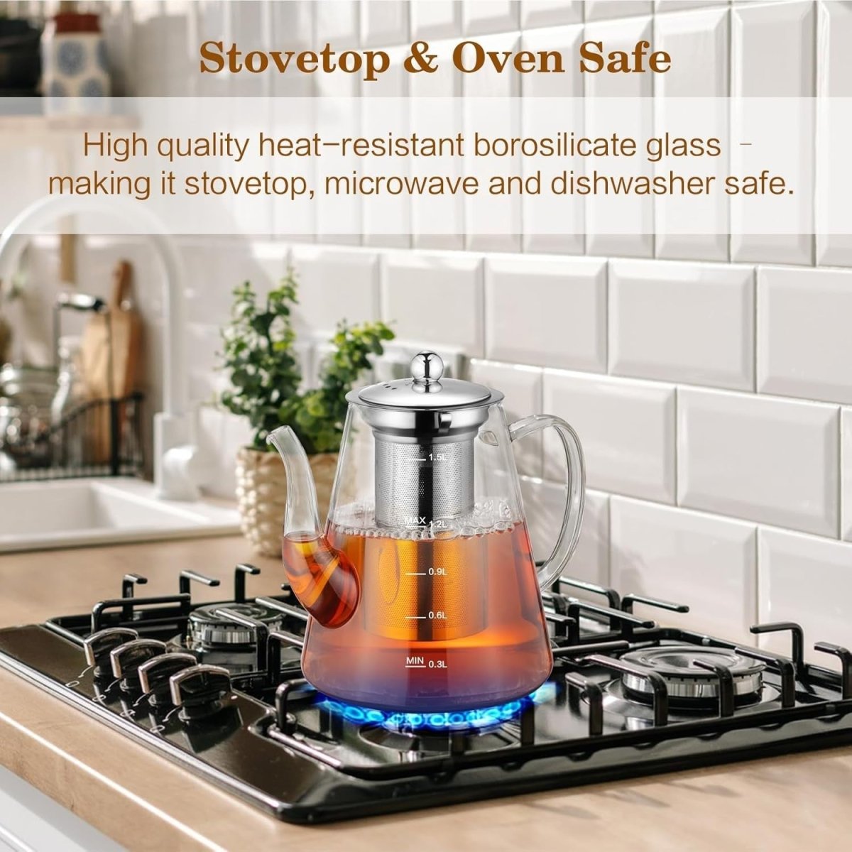 1500ml Glass Teapot with Infuser Stovetop Safe Loose Leaf Tea Maker - Kwikley