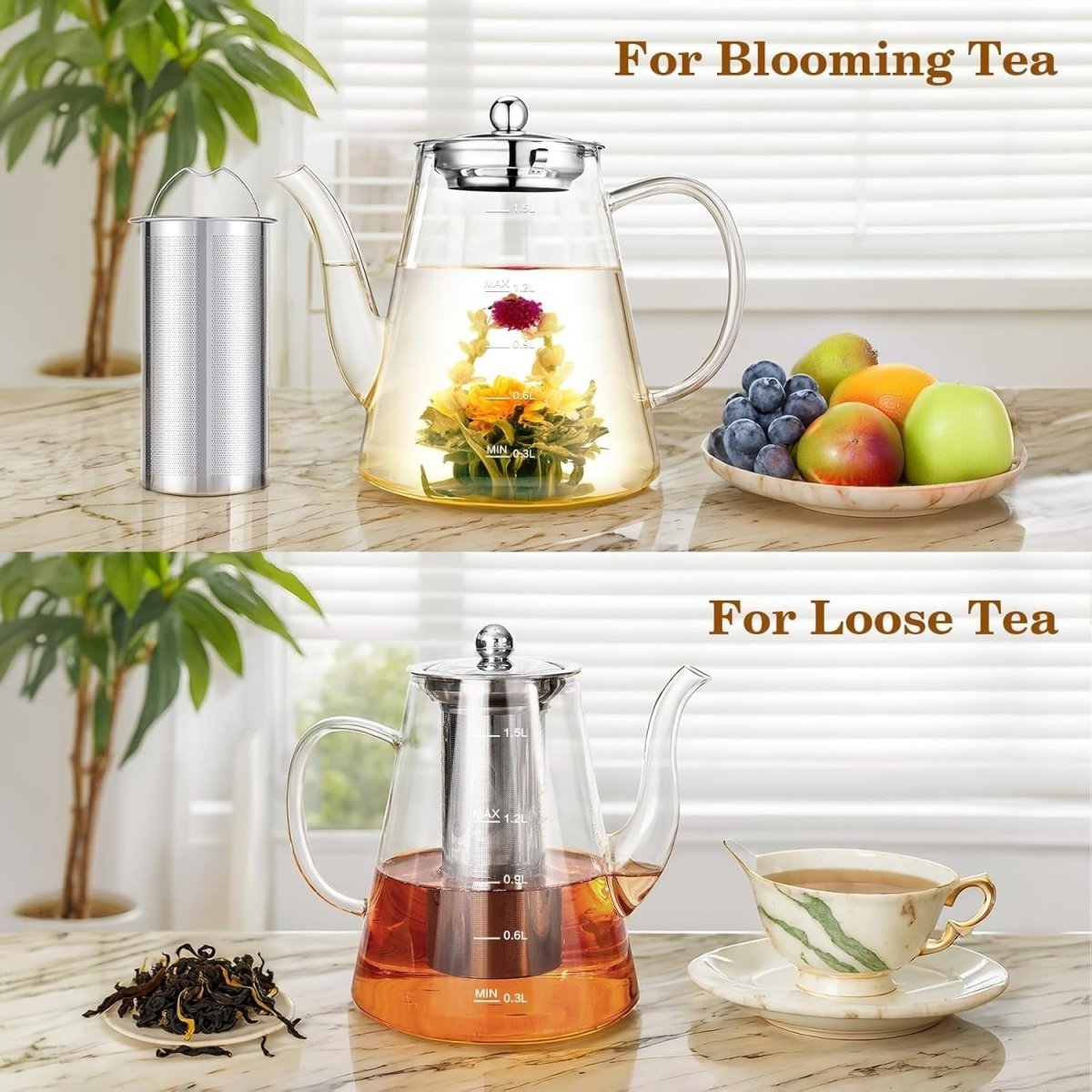 1500ml Glass Teapot with Infuser Stovetop Safe Loose Leaf Tea Maker - Kwikley