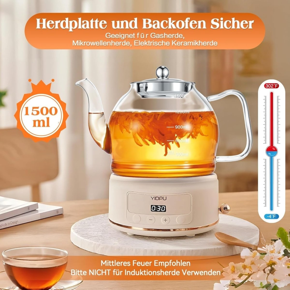 1500ml Glass Teapot with Infuser Stovetop Safe Loose Leaf Tea Pot - Kwikley