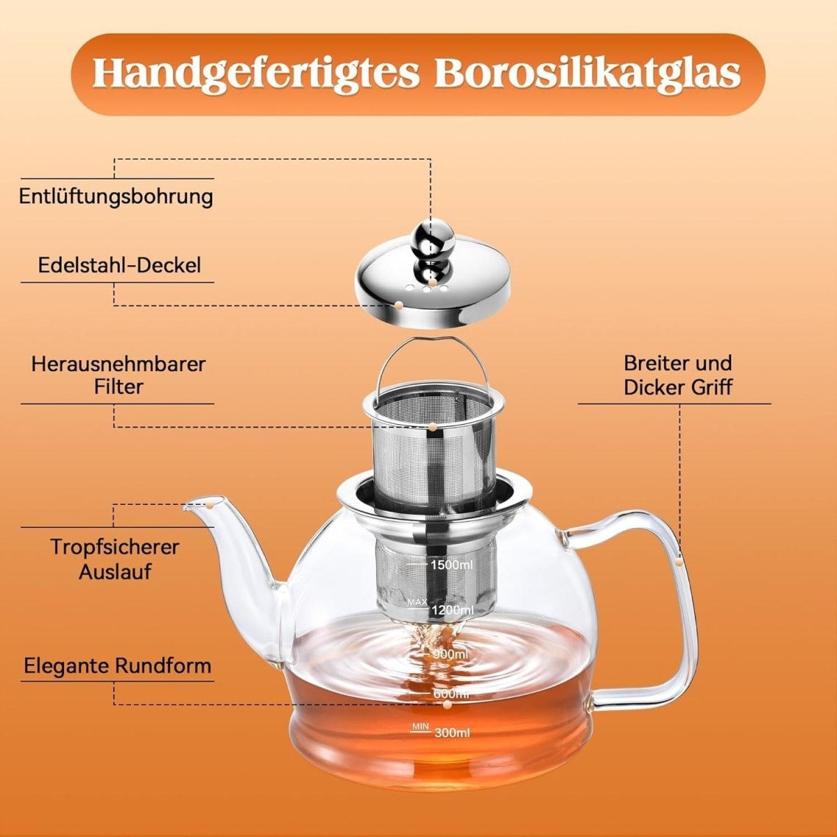 1500ml Glass Teapot with Infuser Stovetop Safe Loose Leaf Tea Pot - Kwikley
