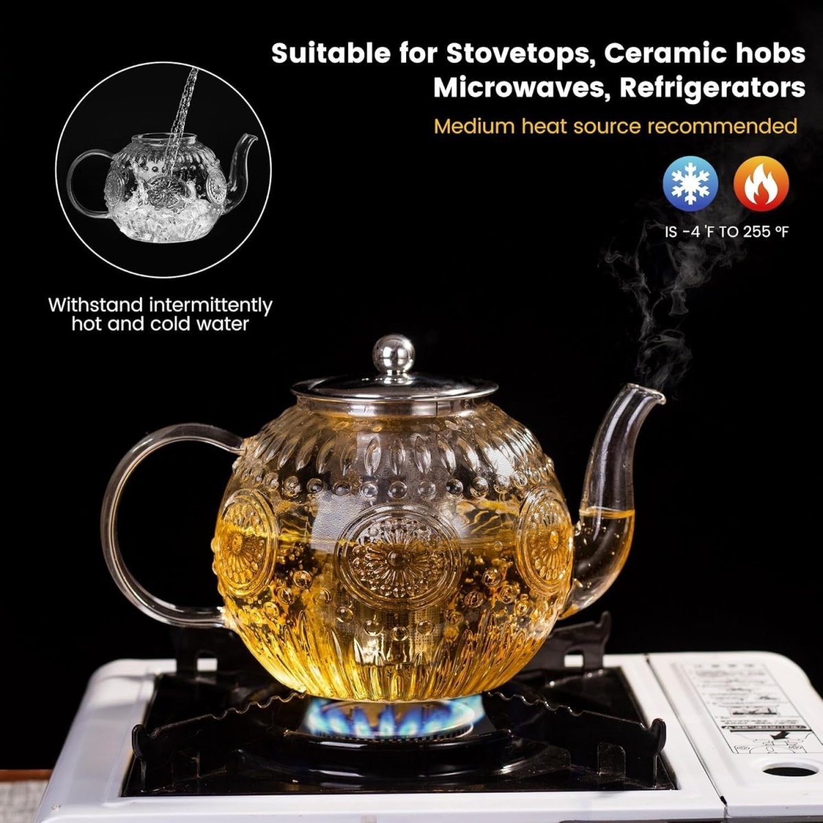 1500ml Glass Teapot with Removable Infuser Stovetop Safe Tea Kettle - Kwikley