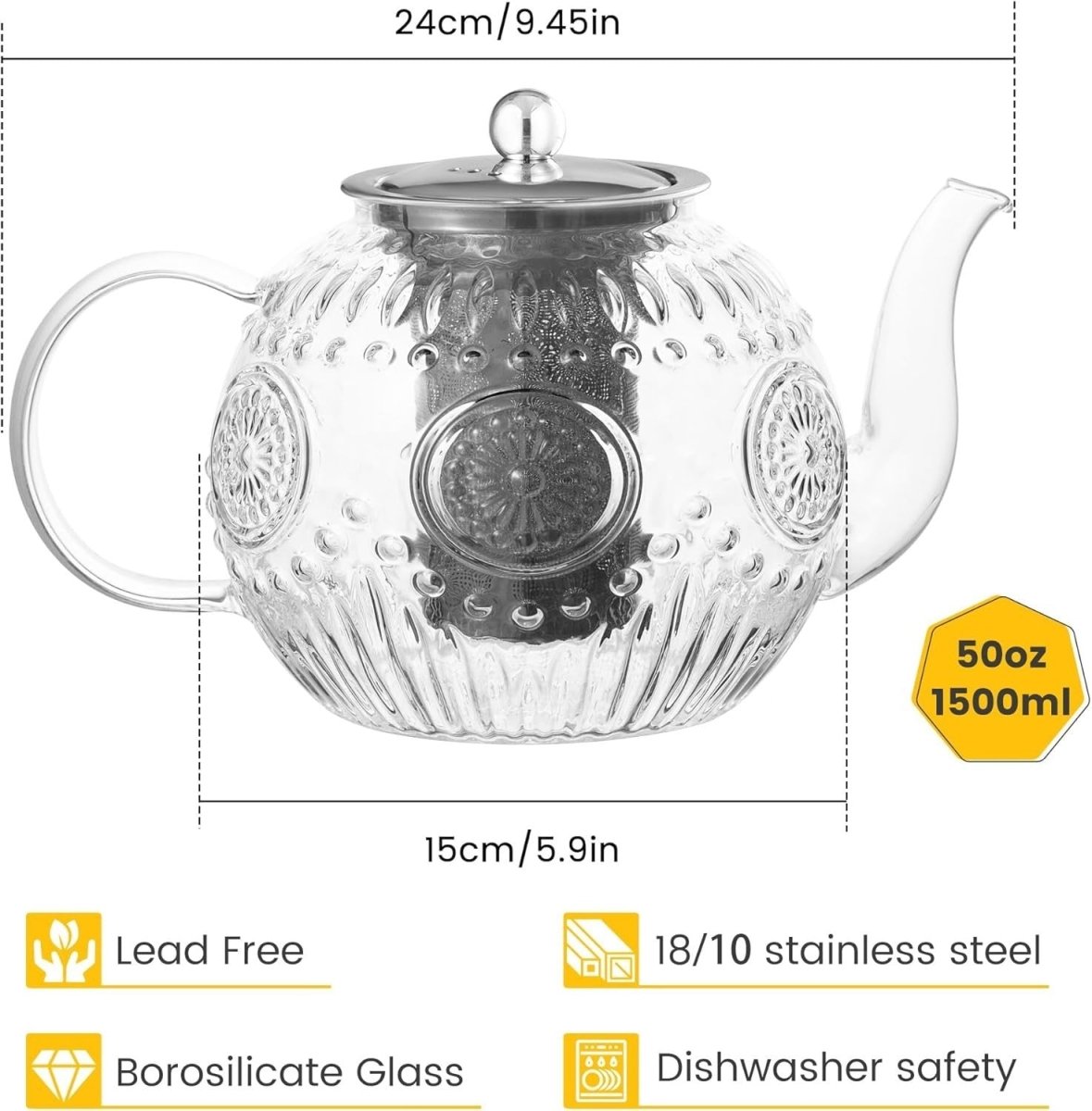 1500ml Glass Teapot with Removable Infuser Stovetop Safe Tea Kettle - Kwikley
