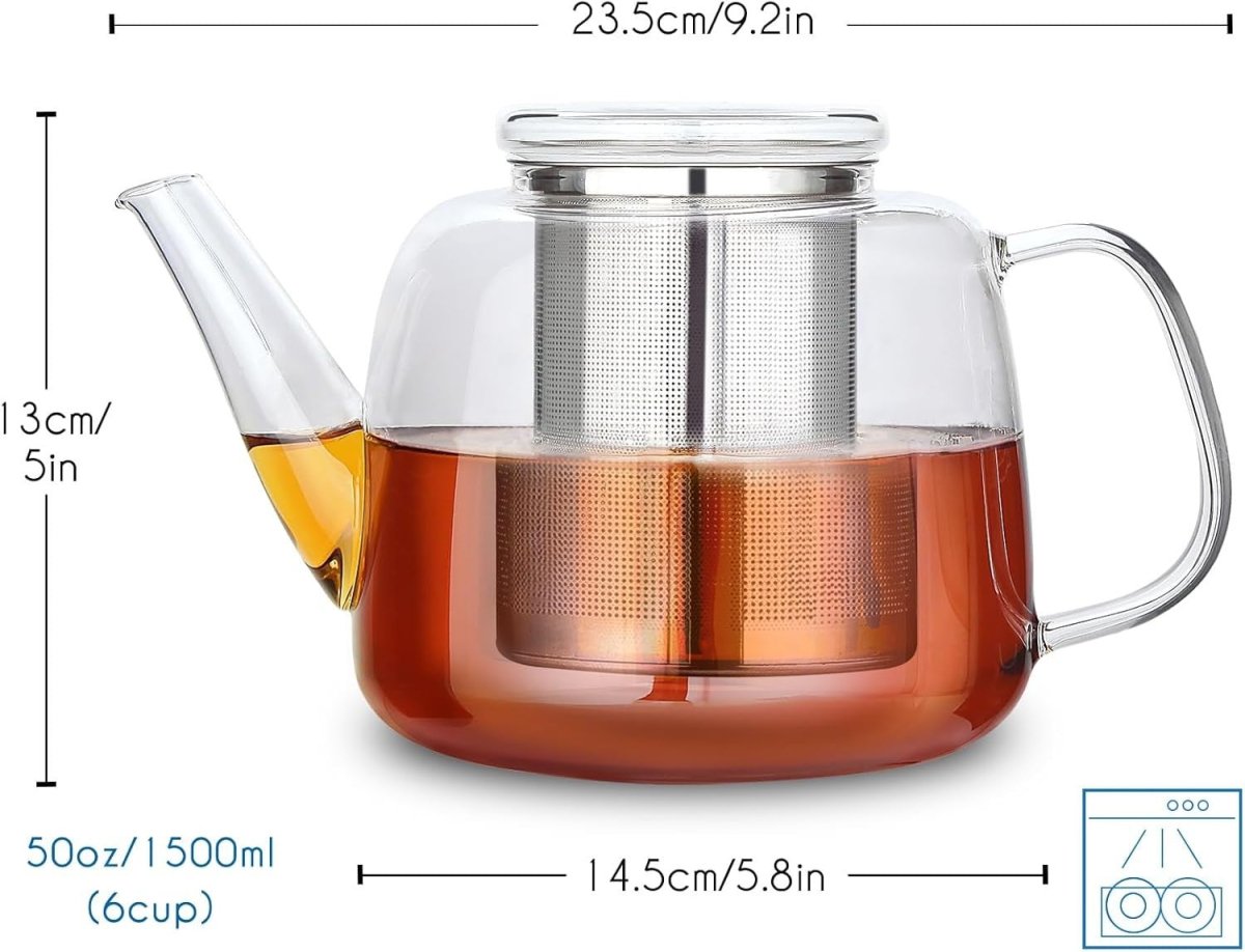 1500ml Glass Teapot with Stainless Steel Infuser Heat Resistant Tea Pot - Kwikley