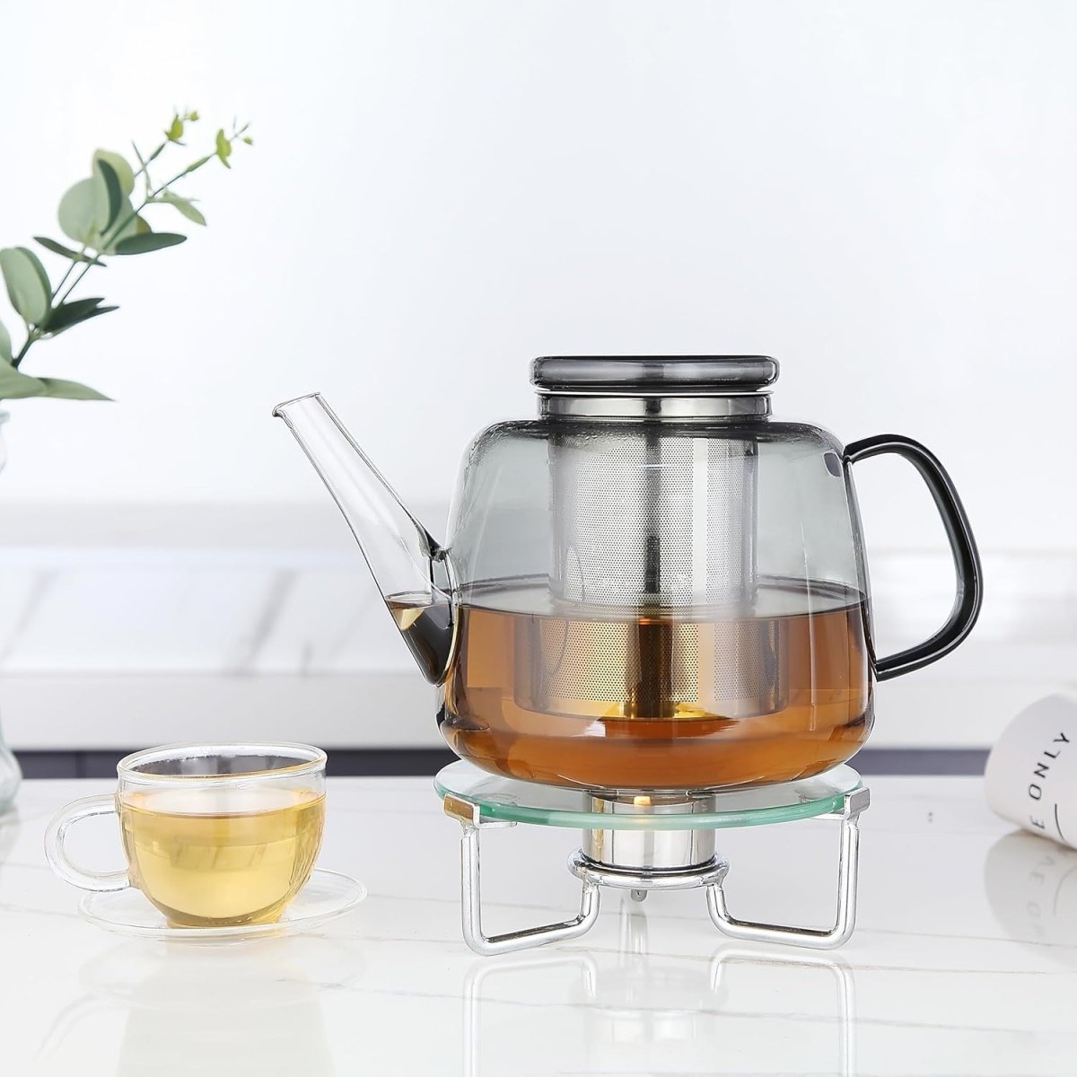 1500ml Glass Teapot with Stainless Steel Infuser Smoke Grey Tea Pot - Kwikley