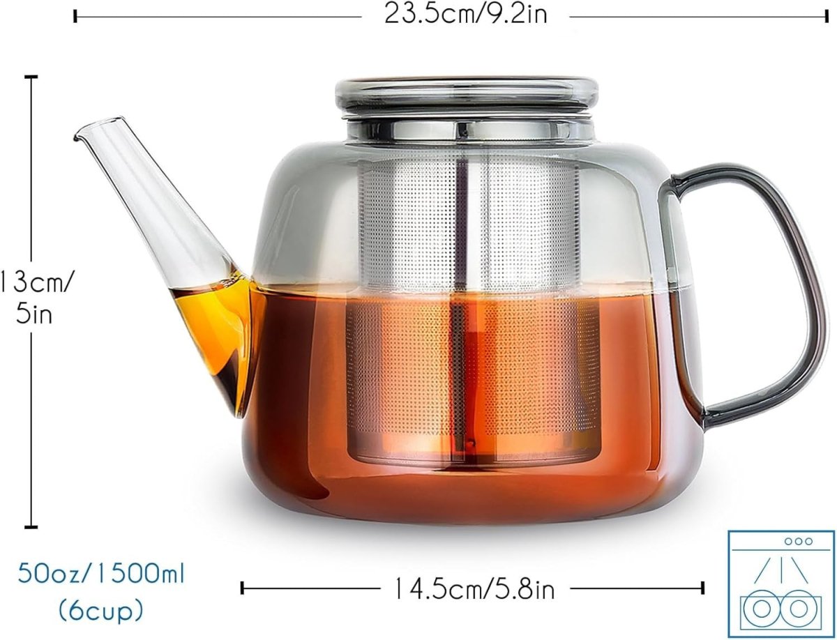 1500ml Glass Teapot with Stainless Steel Infuser Smoke Grey Tea Pot - Kwikley