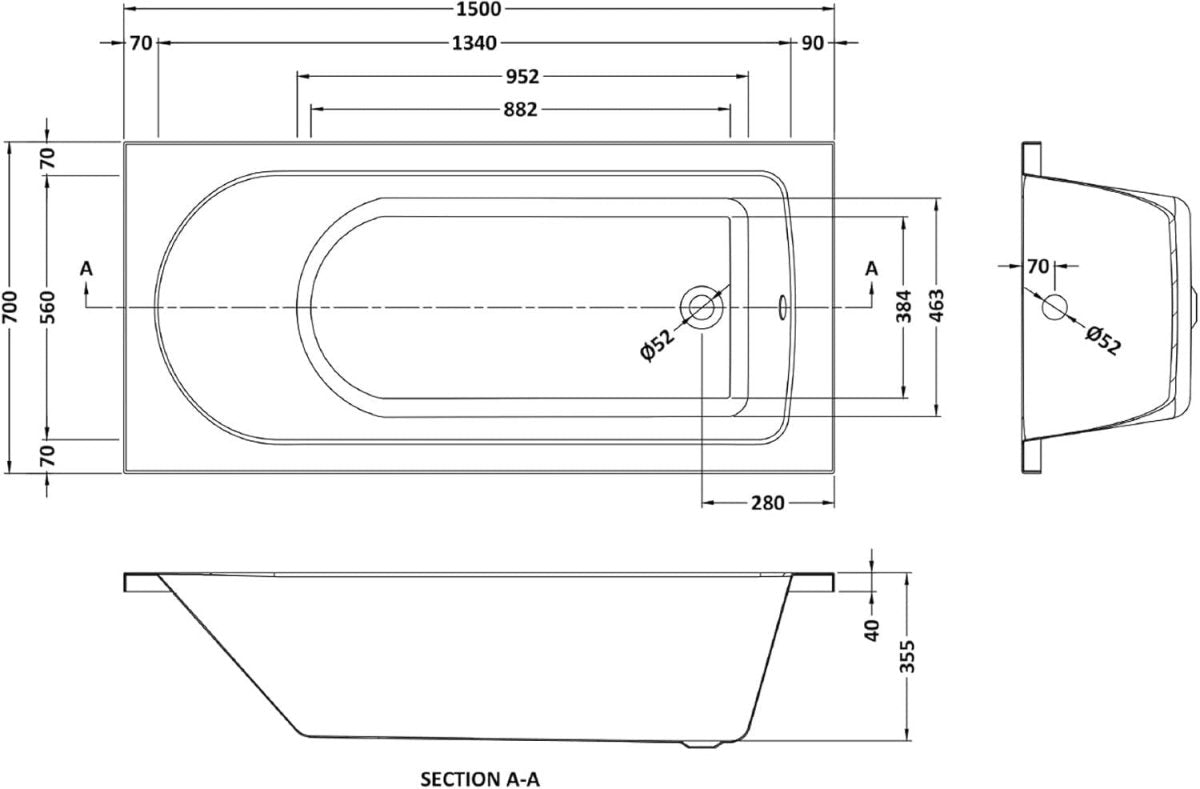1500x700mm Designer Single Ended Acrylic Bath Tub White Curved Soaking Spa - Kwikley