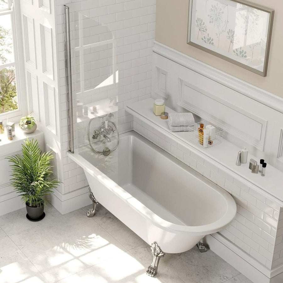 1500x755mm White Roll Top Freestanding Bath Acrylic with Chrome Feet & Screen - Kwikley