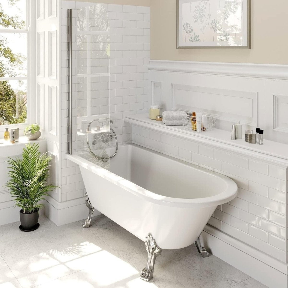 1500x755mm White Roll Top Freestanding Bath Acrylic with Chrome Feet & Screen - Kwikley