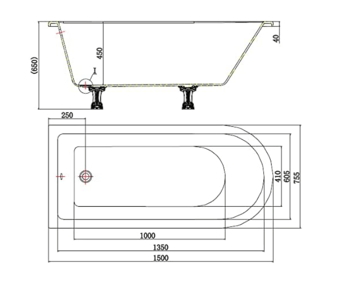 1500x755mm White Single Ended Freestanding Acrylic Bath with Black Dragon Legs - Kwikley