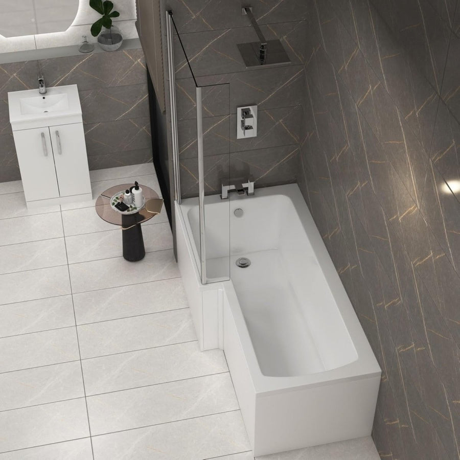 1500x850mm Left - Hand L - Shaped Shower Bath with Front Panel + Glass Screen - Kwikley