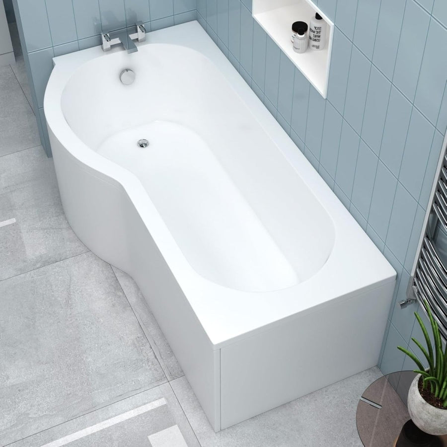 1500x850mm Left Hand P - Shaped Acrylic Shower Bath Gloss White No Panel - Kwikley