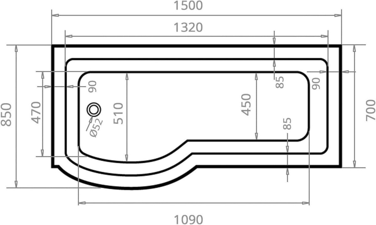 1500x850mm Left Hand P - Shaped Acrylic Shower Bath Gloss White No Panel - Kwikley